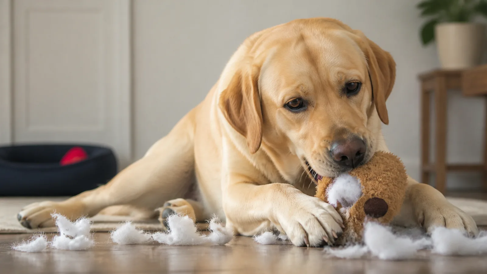 Labrador Retriever sitting indoors, shredding a stuffed toy with stuffing surrounding him.